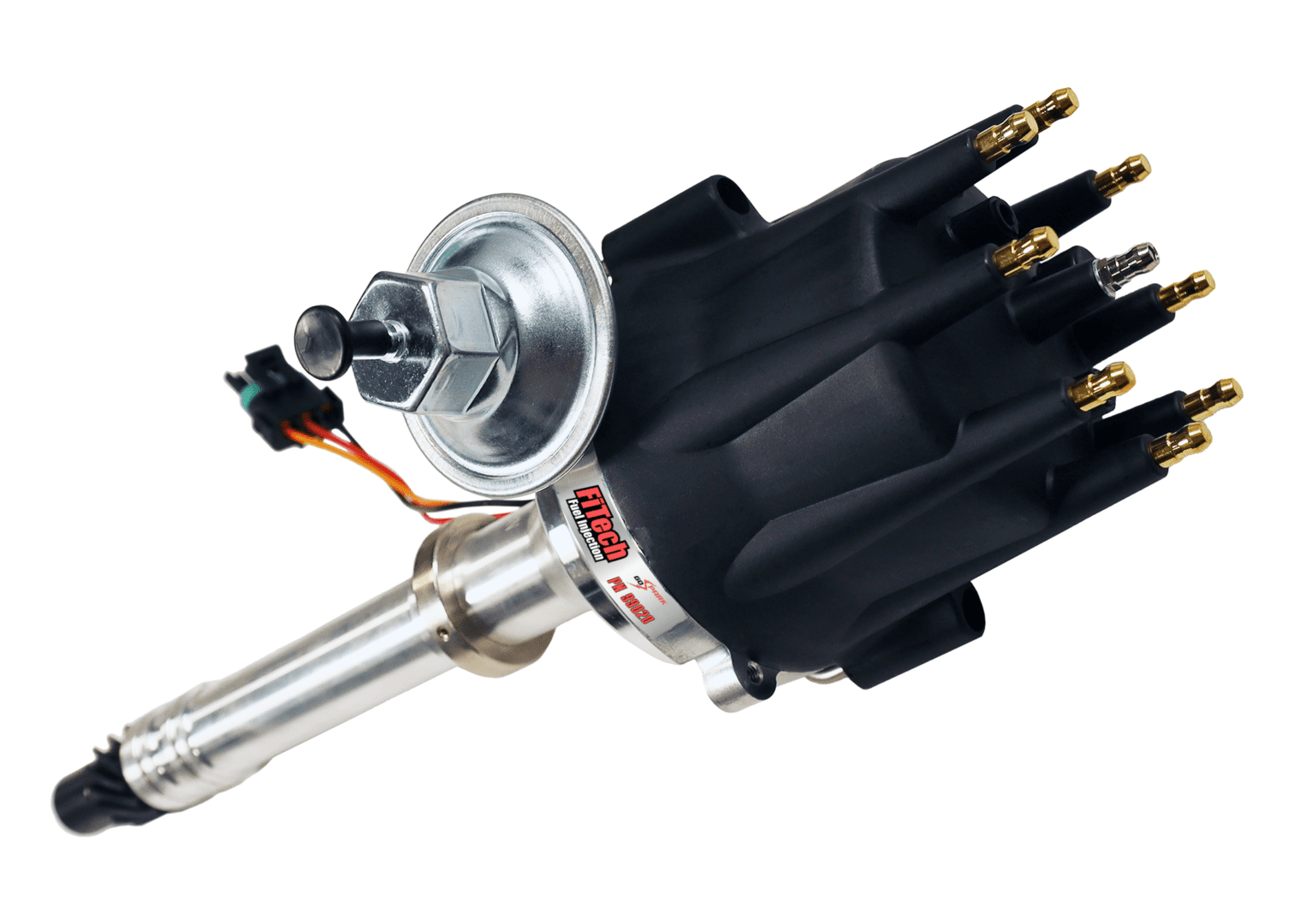 Car distributor with ignition wires and cap.