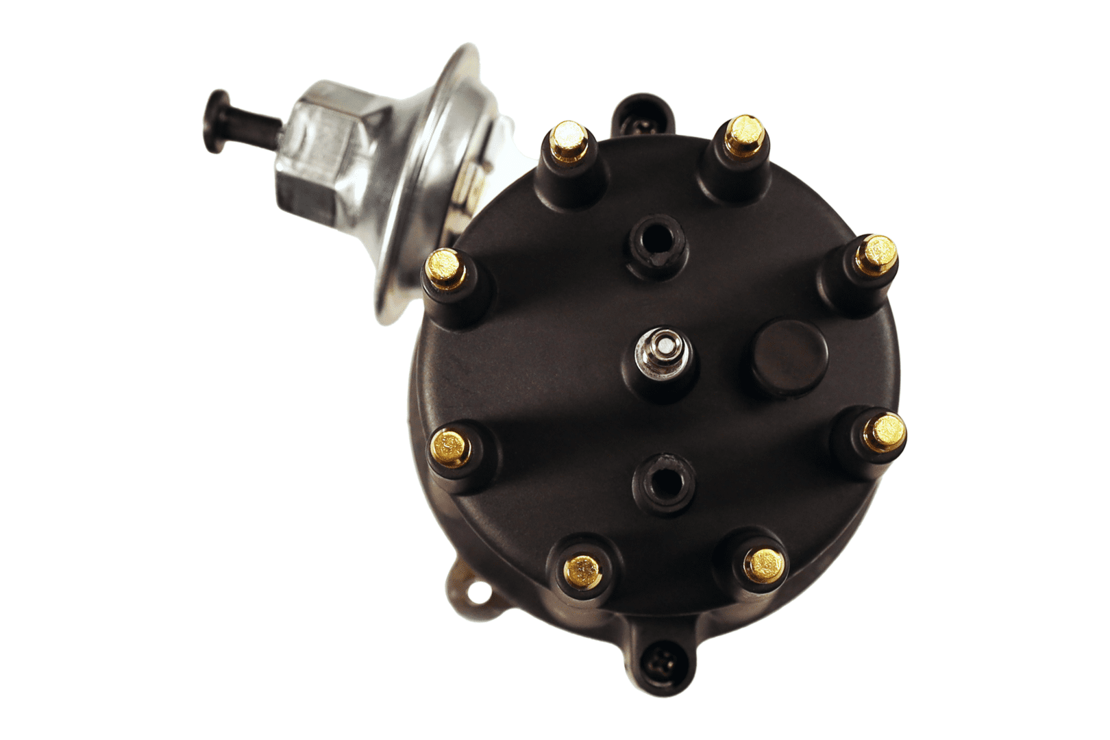 Car distributor cap with vacuum advance unit.