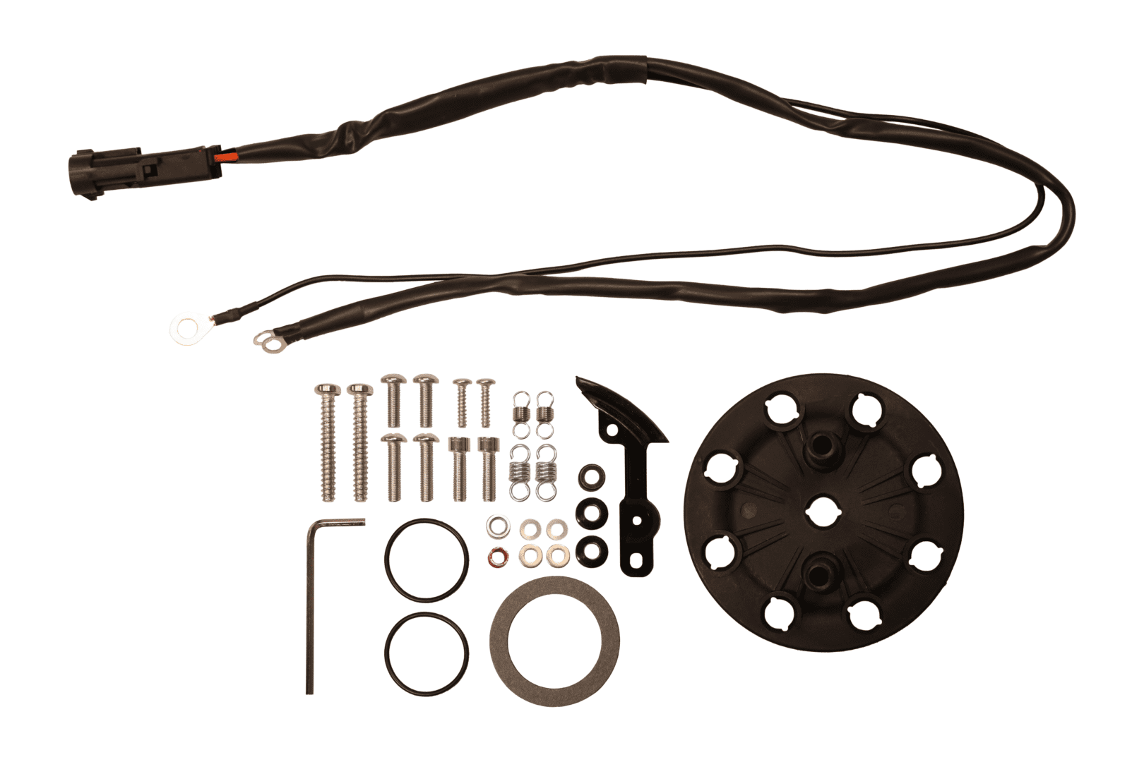 Bicycle conversion kit components laid out.
