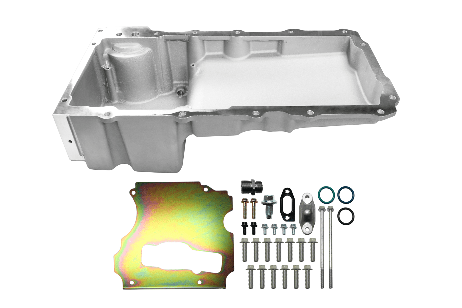 Engine oil pan with installation hardware.