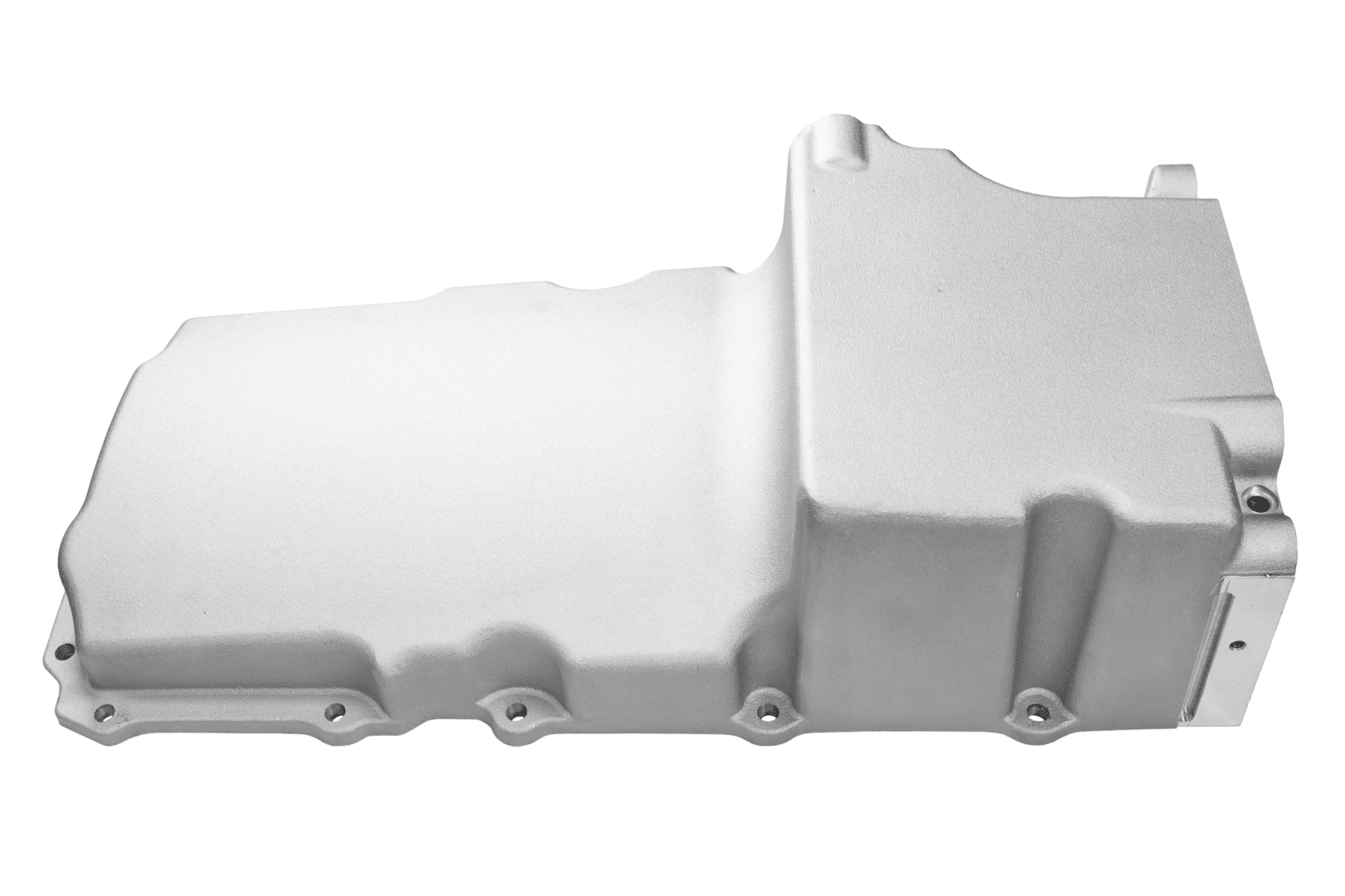 Silver automotive oil pan, isolated on white.