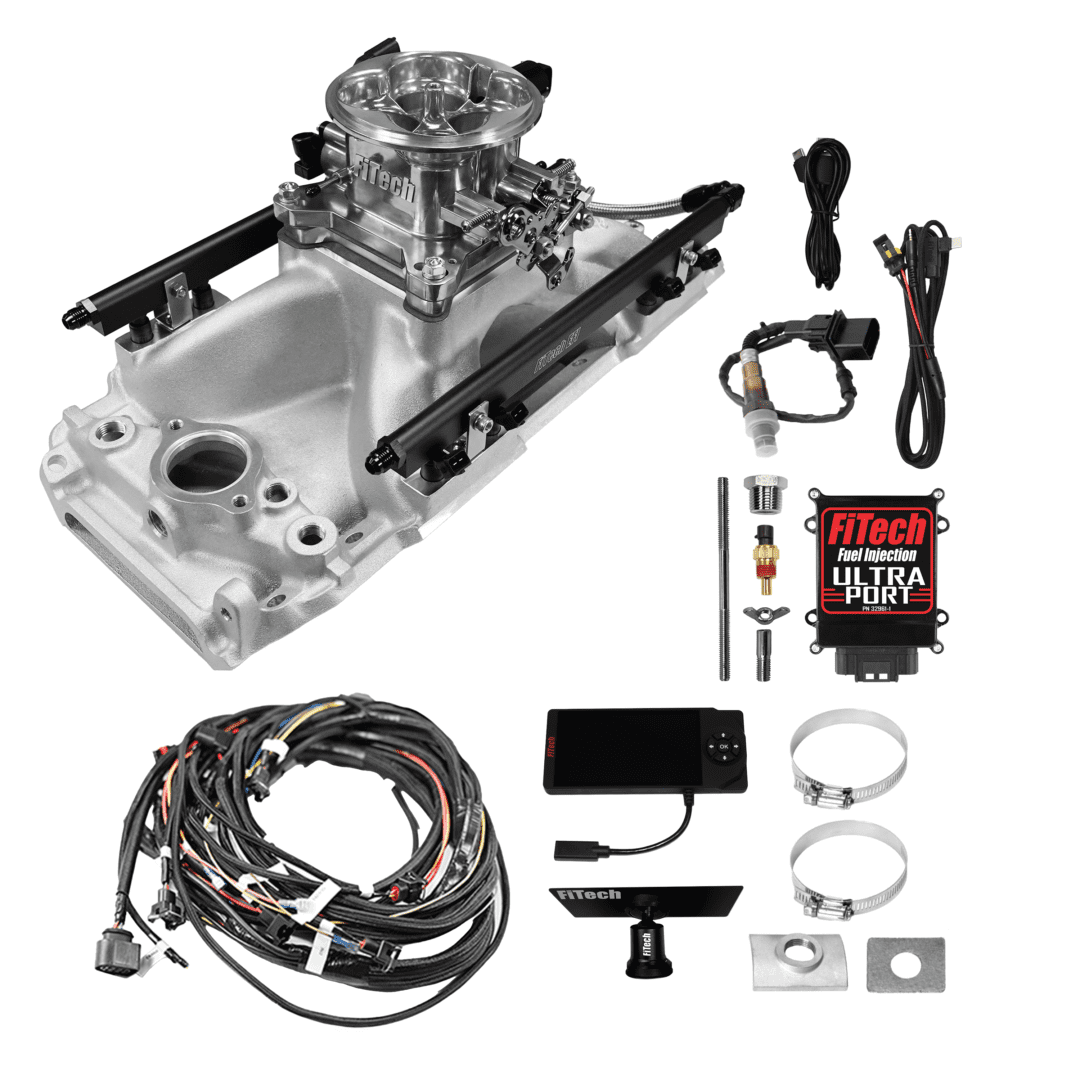 Car fuel injection kit with accessories displayed.