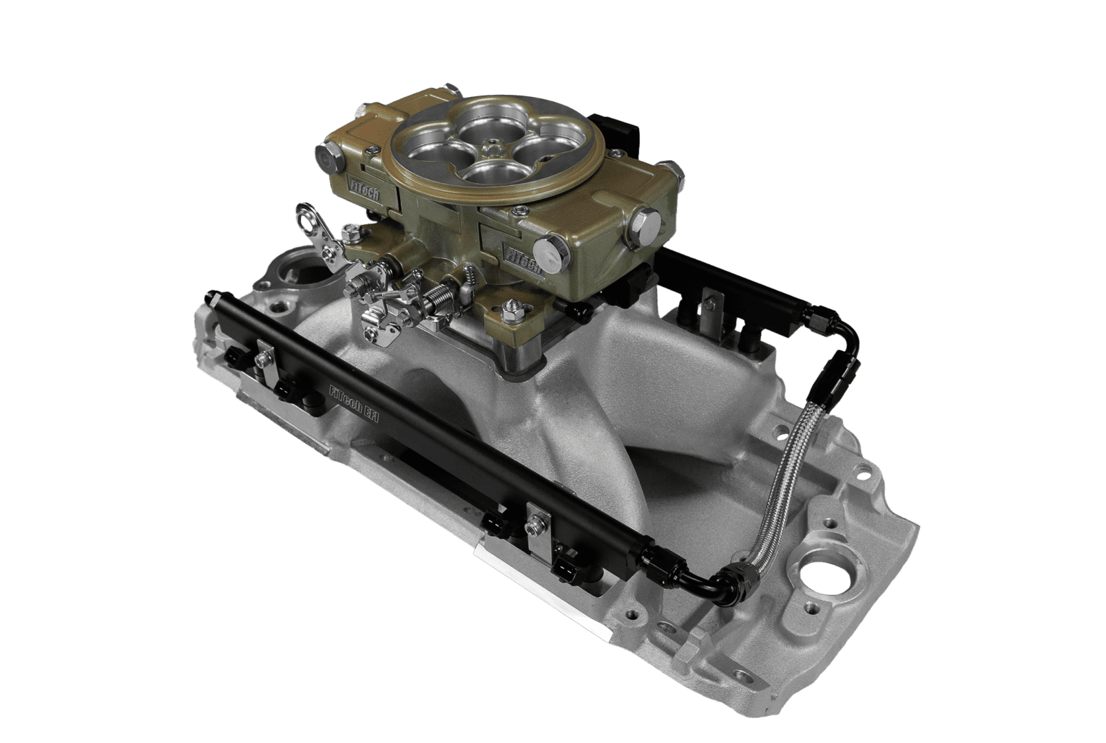 Carburetor on intake manifold, black background.