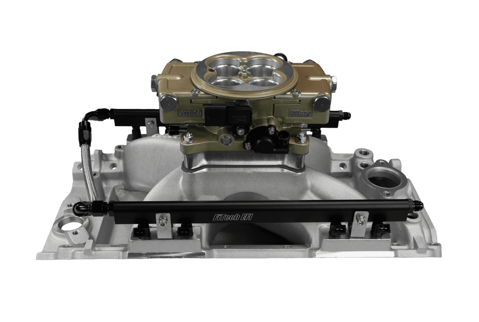 Carburetor on aluminum intake manifold, black background.