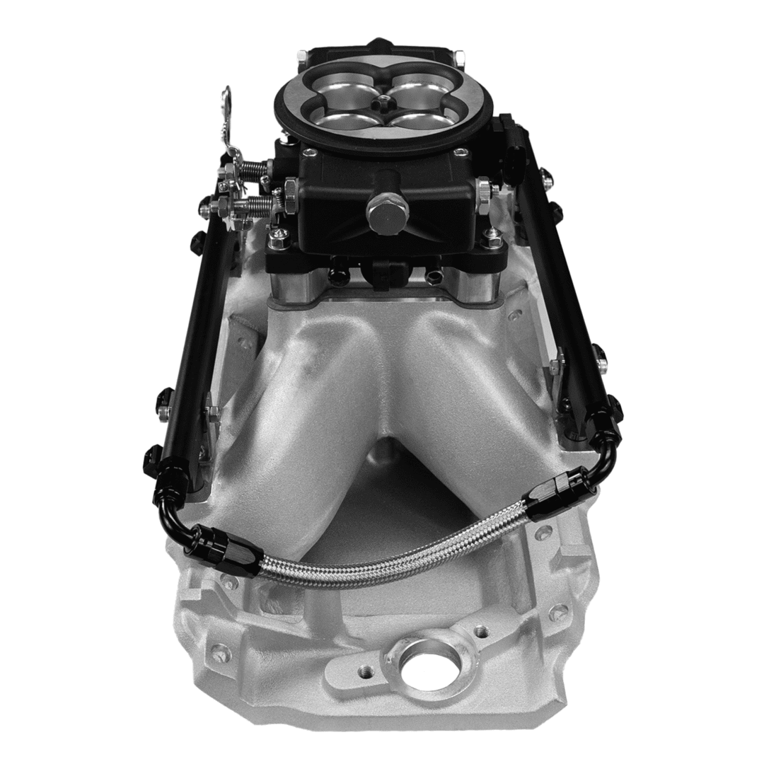 Engine intake manifold on white background.