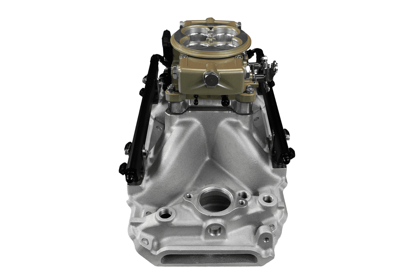 Engine intake manifold on black background.