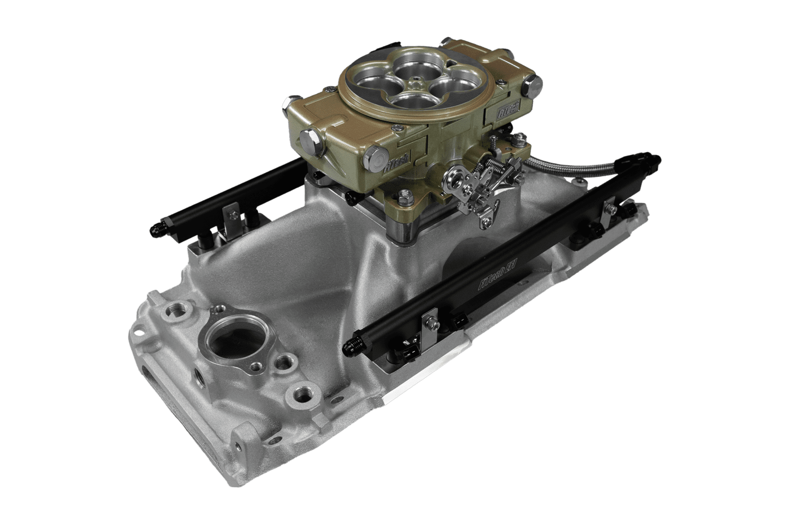 Car engine carburetor on black background.