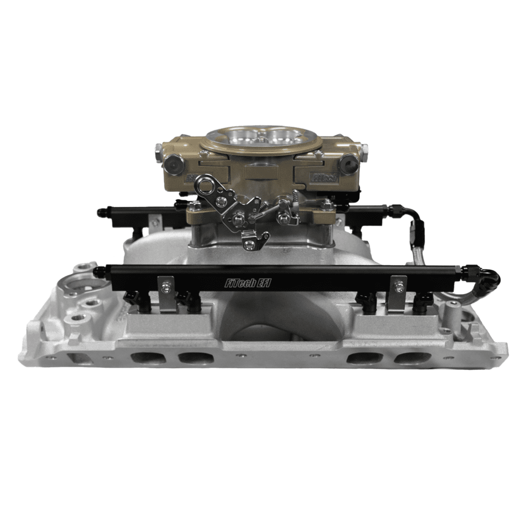 Carburetor and intake manifold assembly on display.