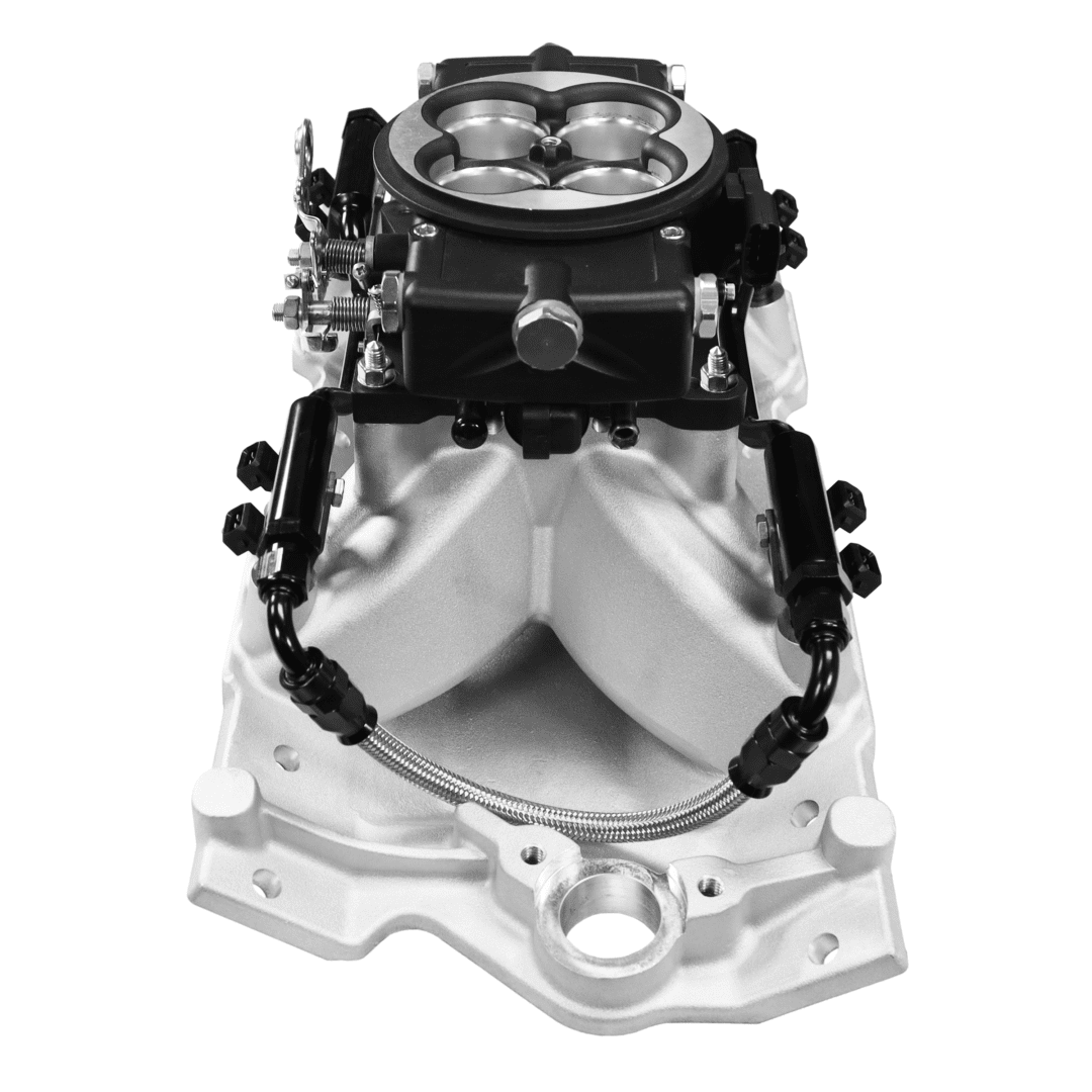 Car engine intake manifold with carburetor.