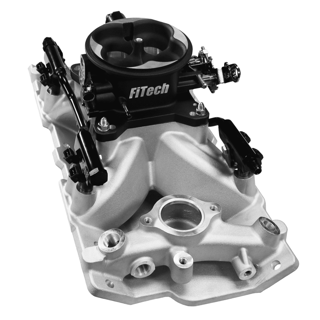 FiTech engine component with intake manifold.