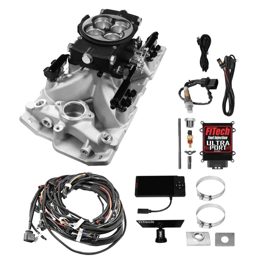 Car engine fuel injection system components displayed.