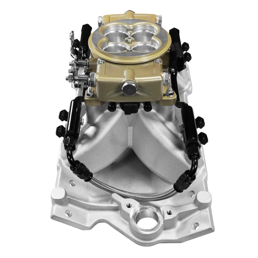 Carburetor and intake manifold on white background.