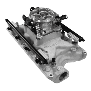 Carburetor on engine intake manifold assembly.