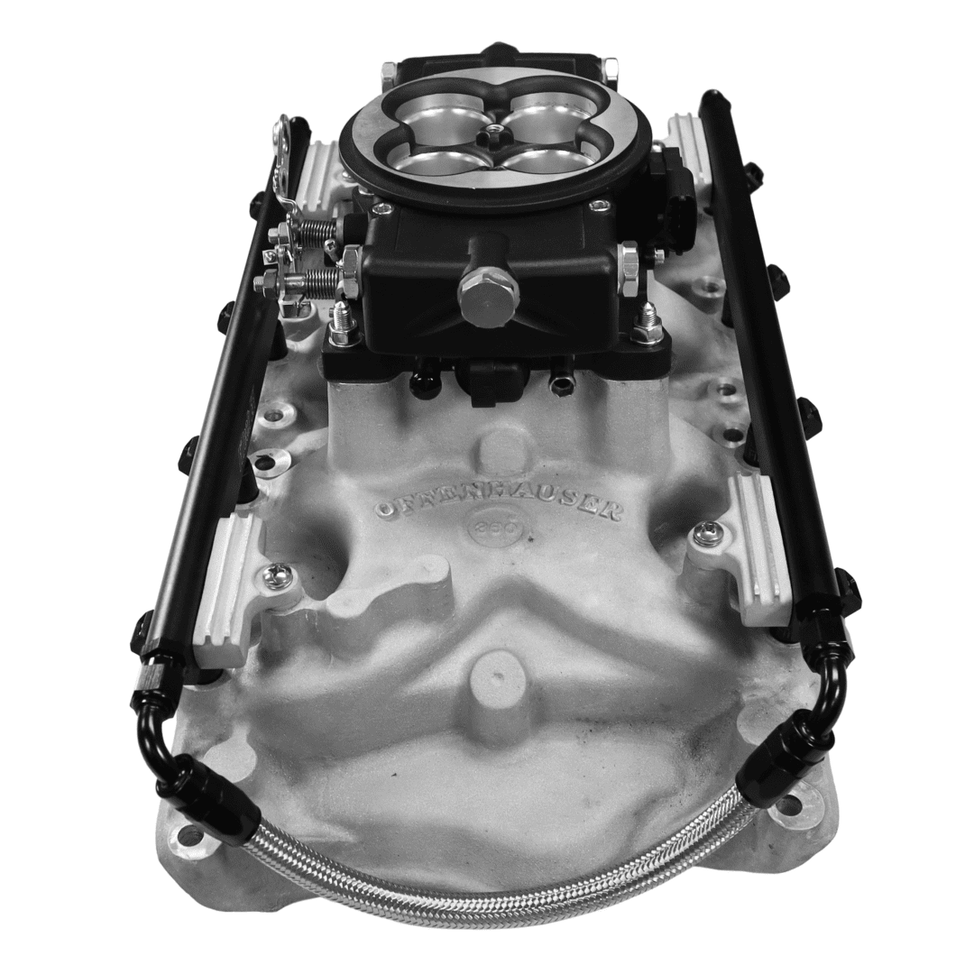 Engine intake manifold with throttle body, black components.