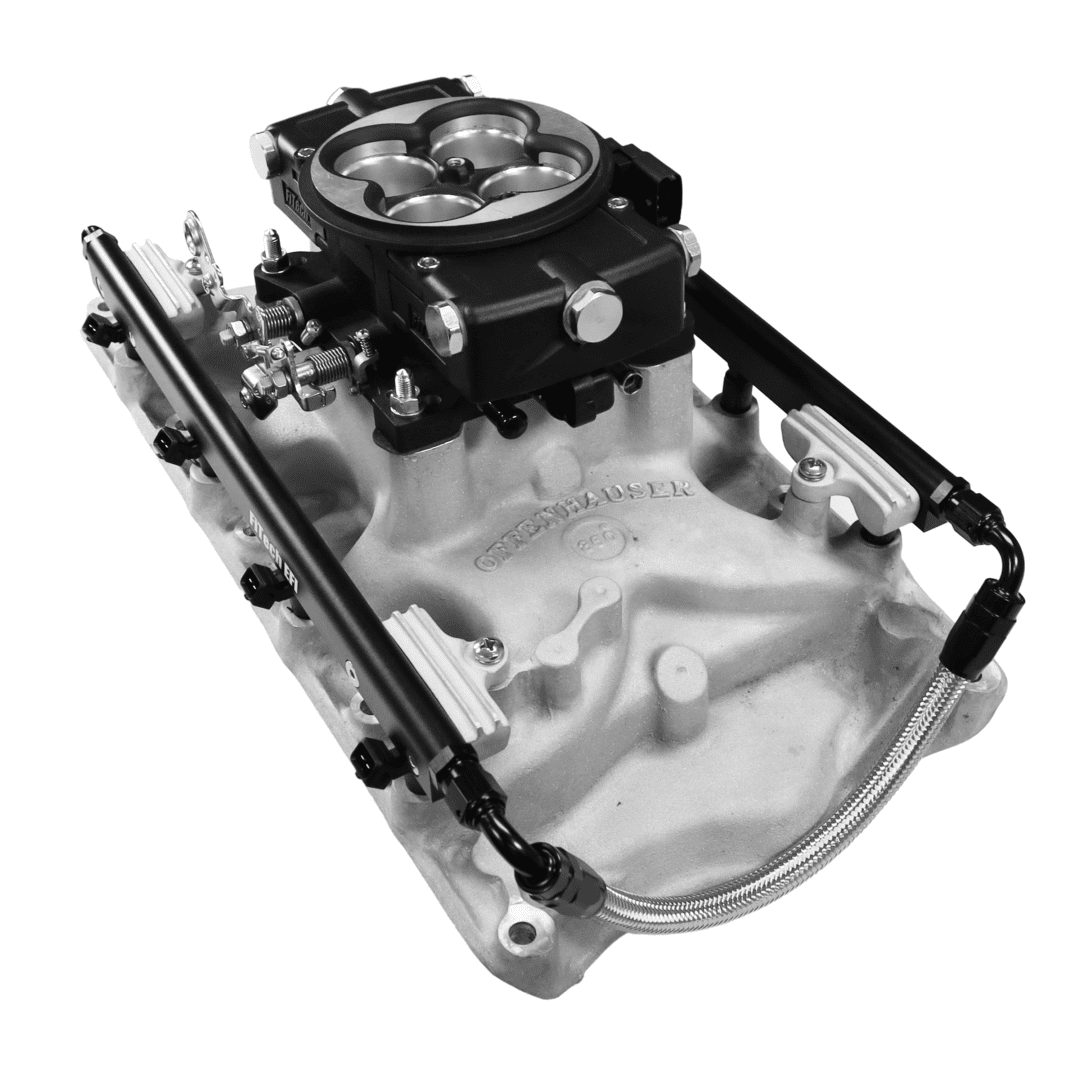 Car engine intake manifold with throttle body.