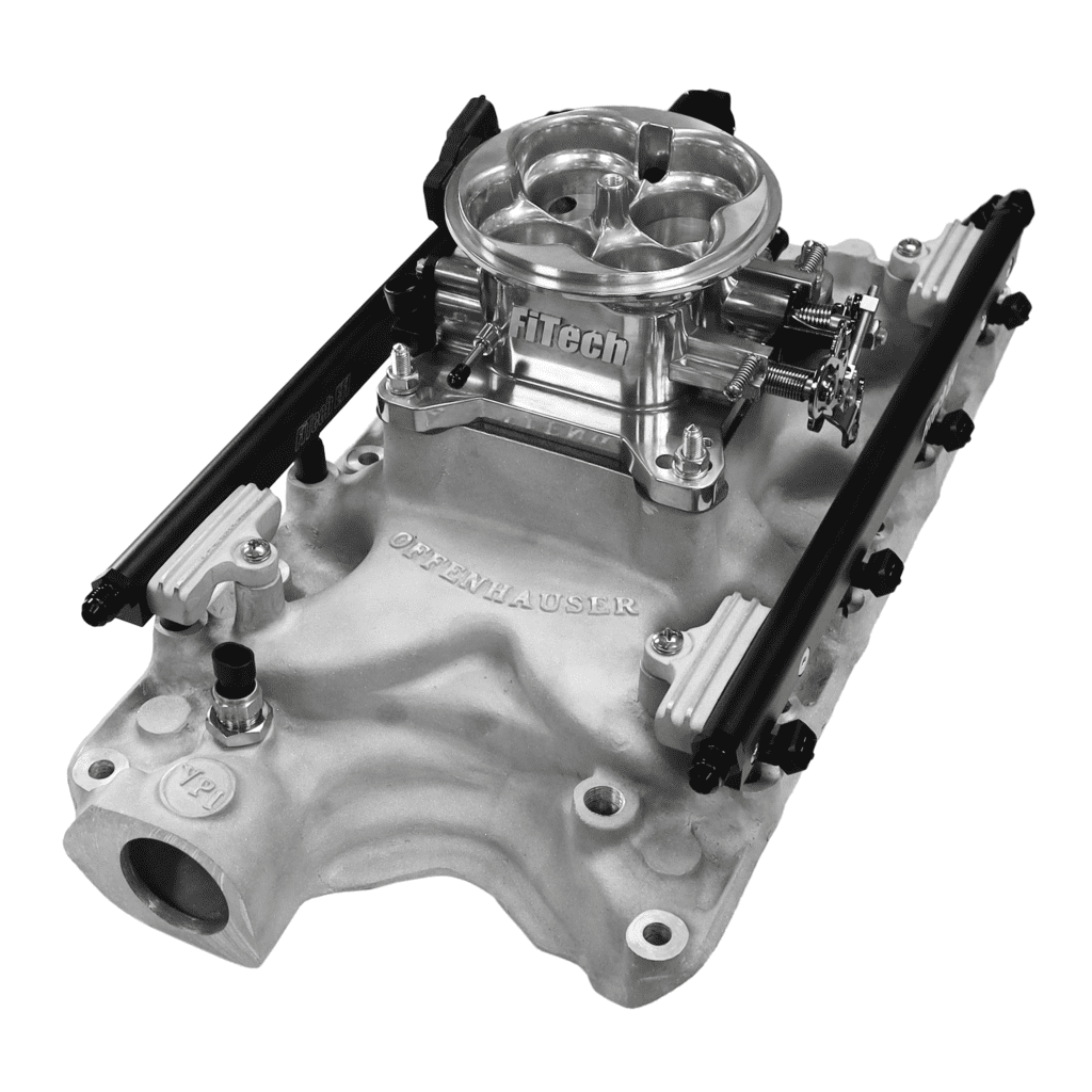 Aluminum intake manifold with carburetor attachment.