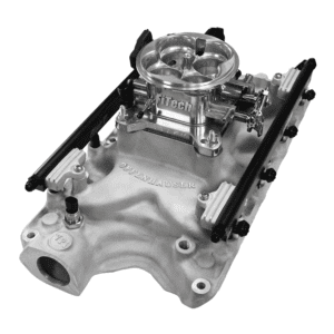 Aluminum intake manifold with carburetor attachment.