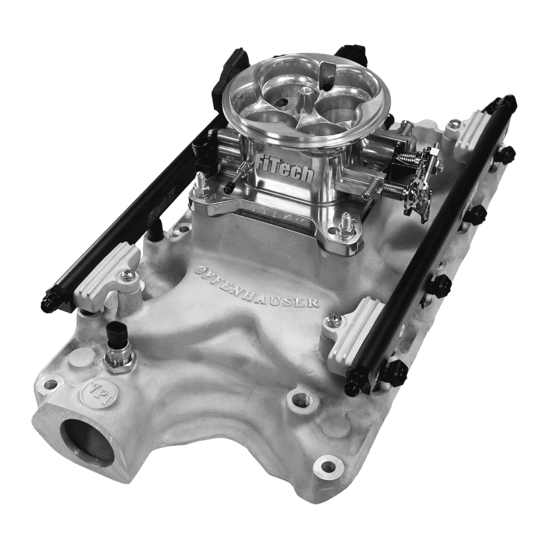 Aluminum intake manifold with carburetor attachment.