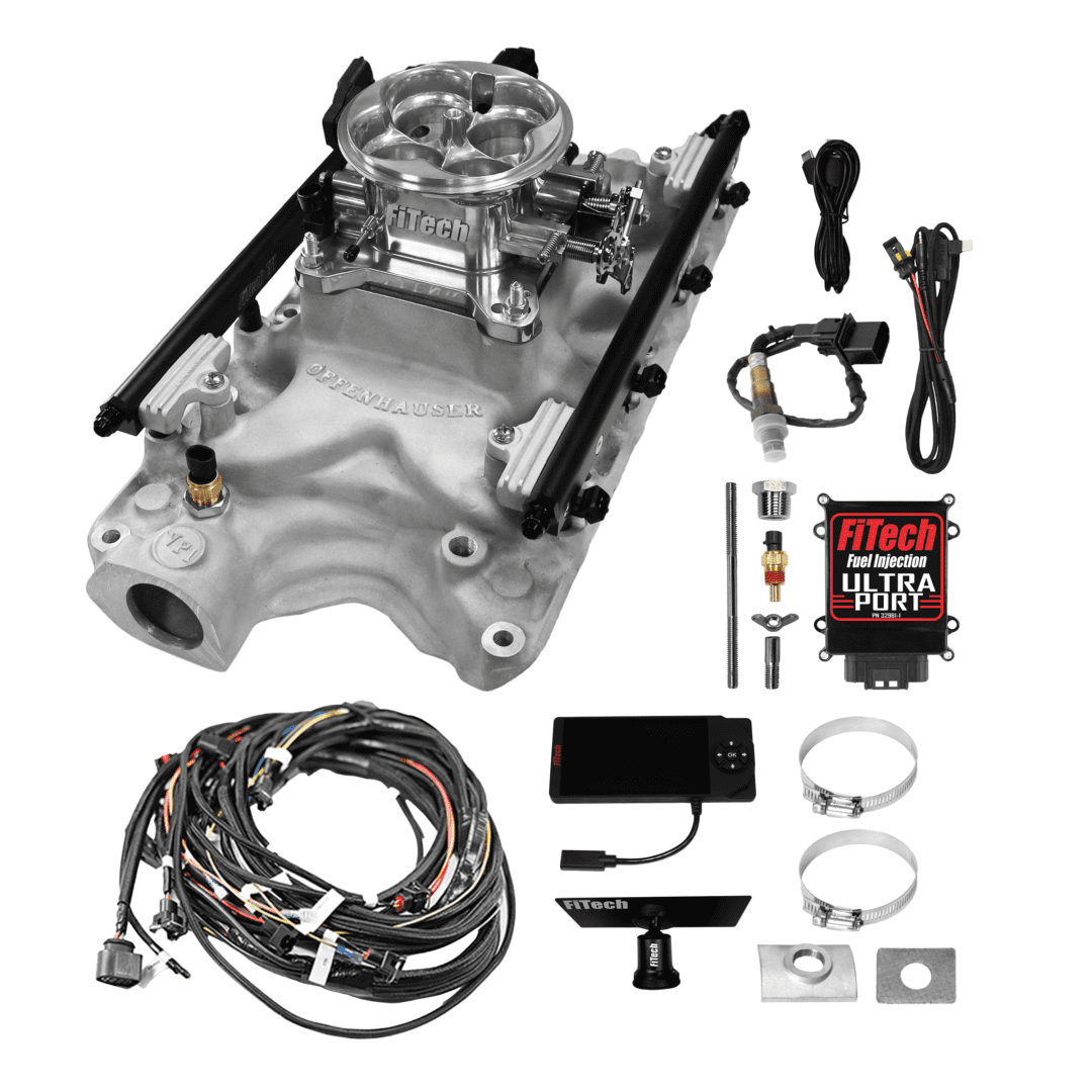 Car fuel injection system components on display.