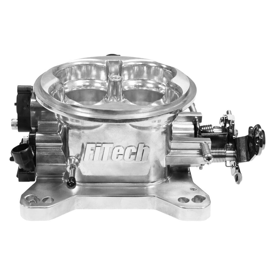 FiTech throttle body in polished metal finish.