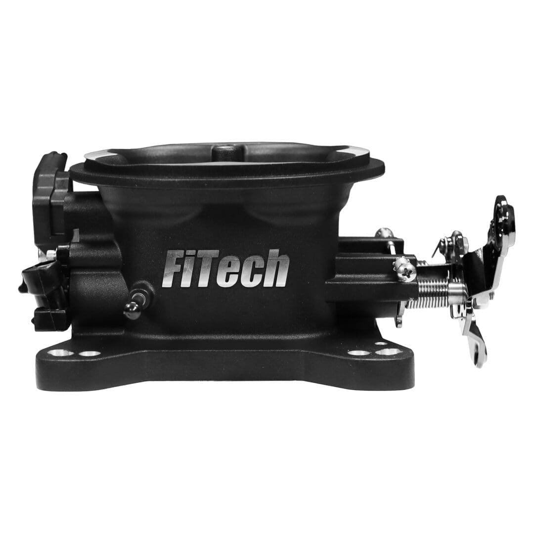 FiTech throttle body, black, side view.