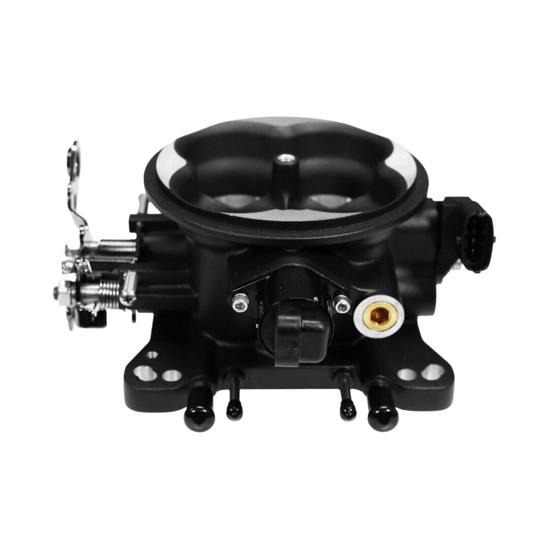 Car engine throttle body, black, isolated view.