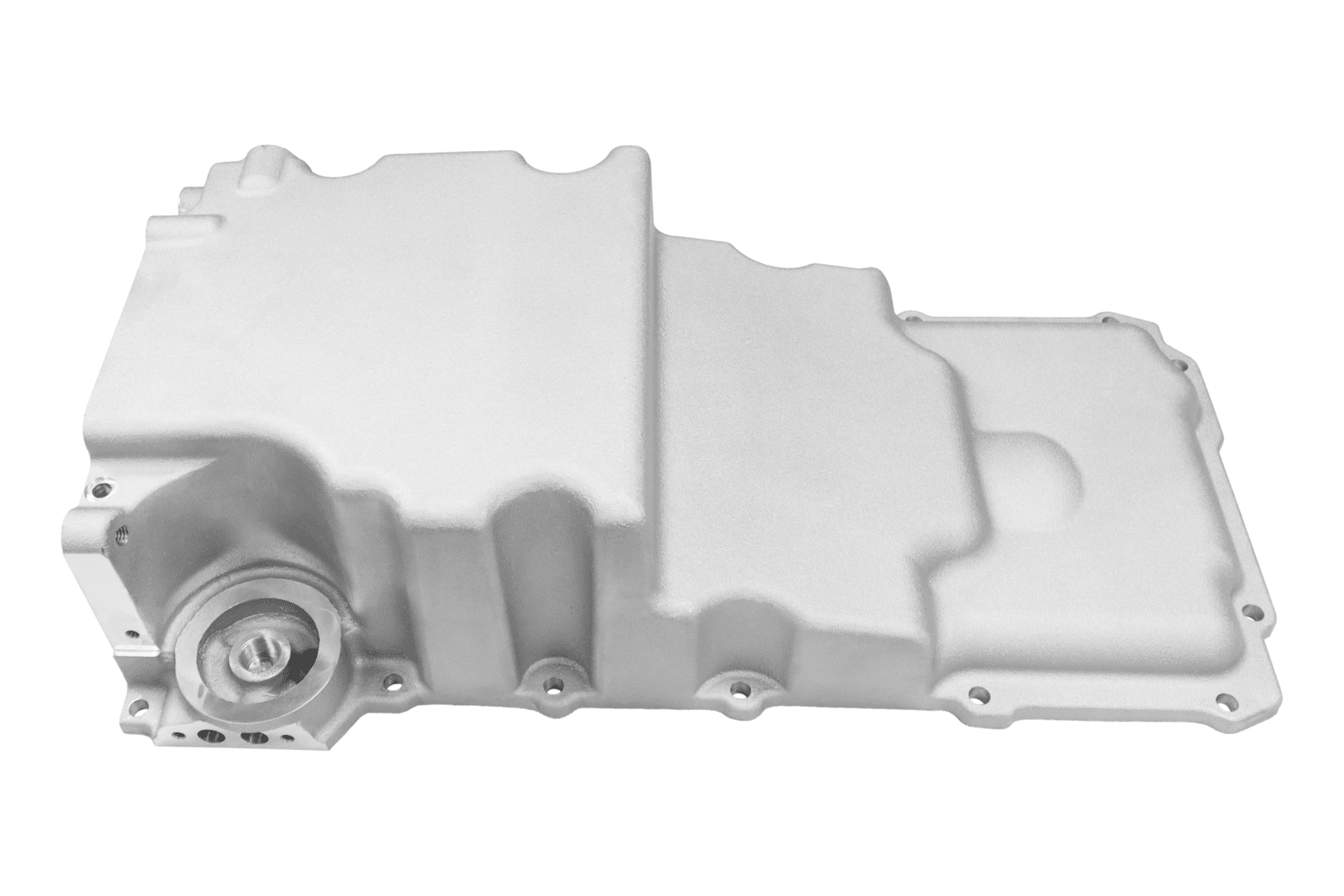 Engine oil pan on white background.