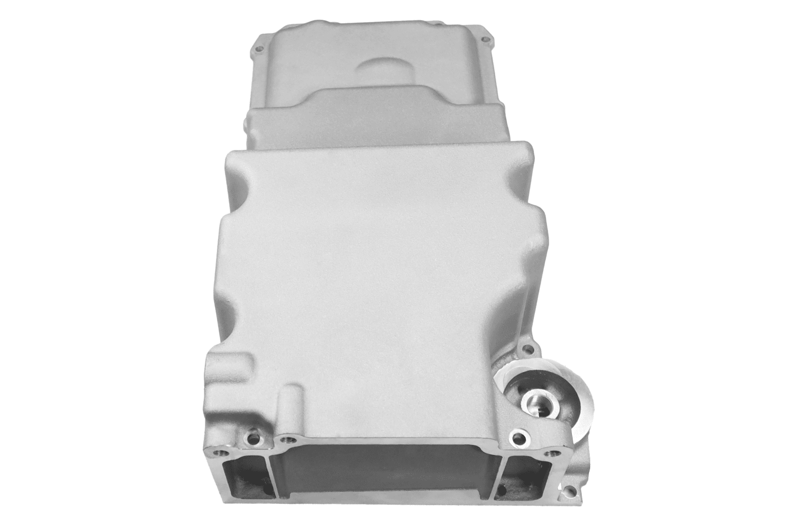 Silver metal automotive engine oil pan.