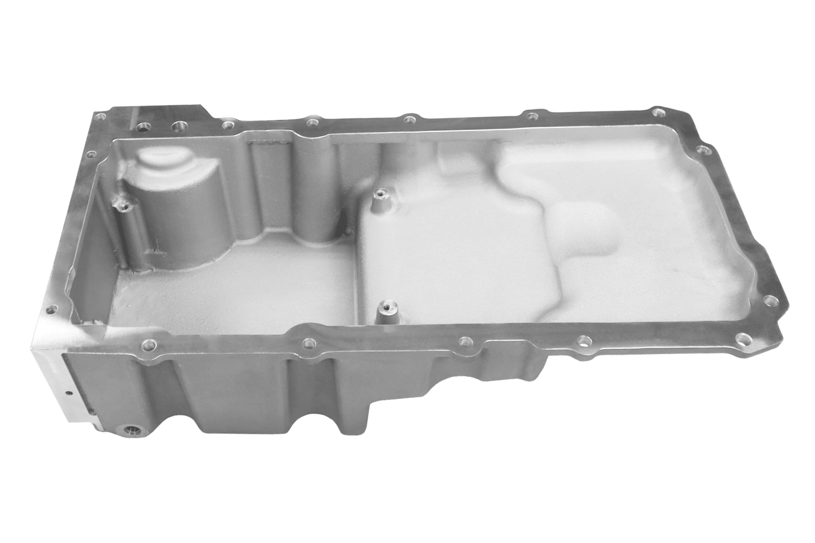 Silver automotive engine oil pan.