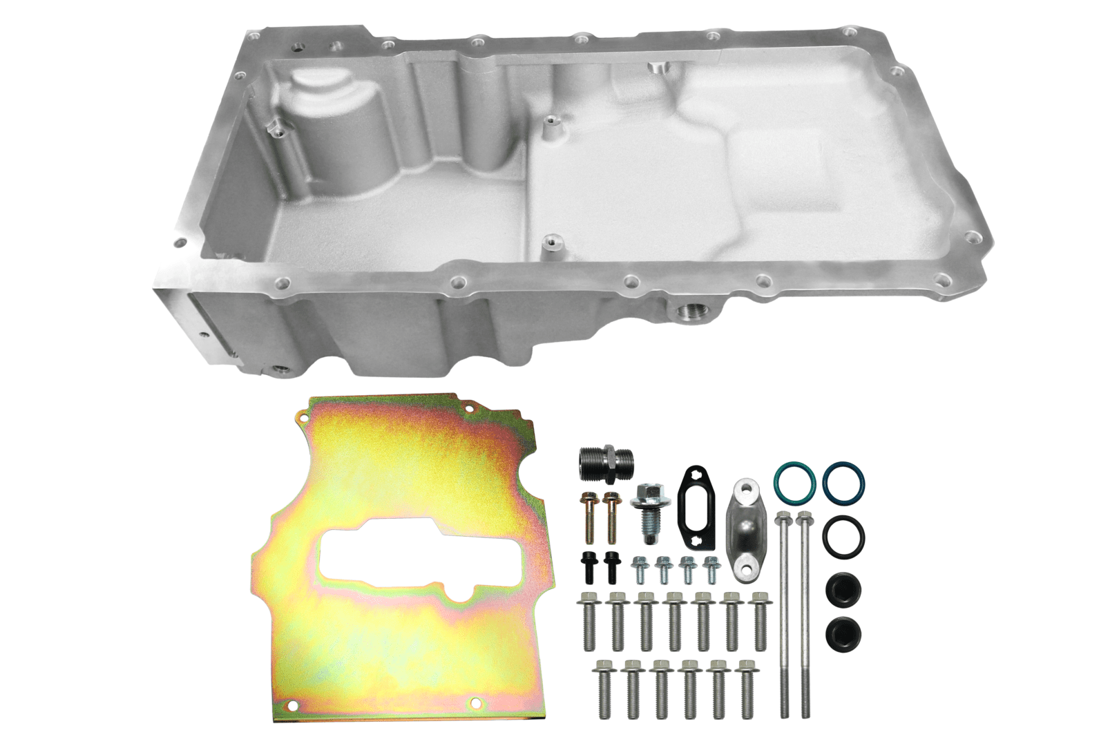 Car engine oil pan with installation kit.