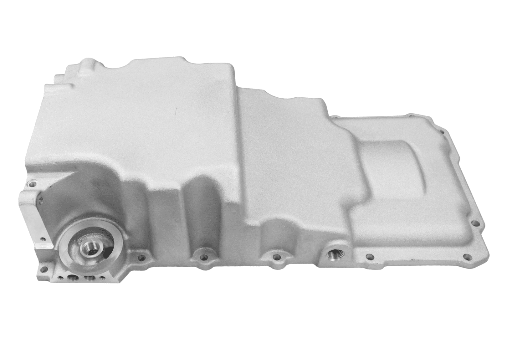 Aluminum engine oil pan on white background.