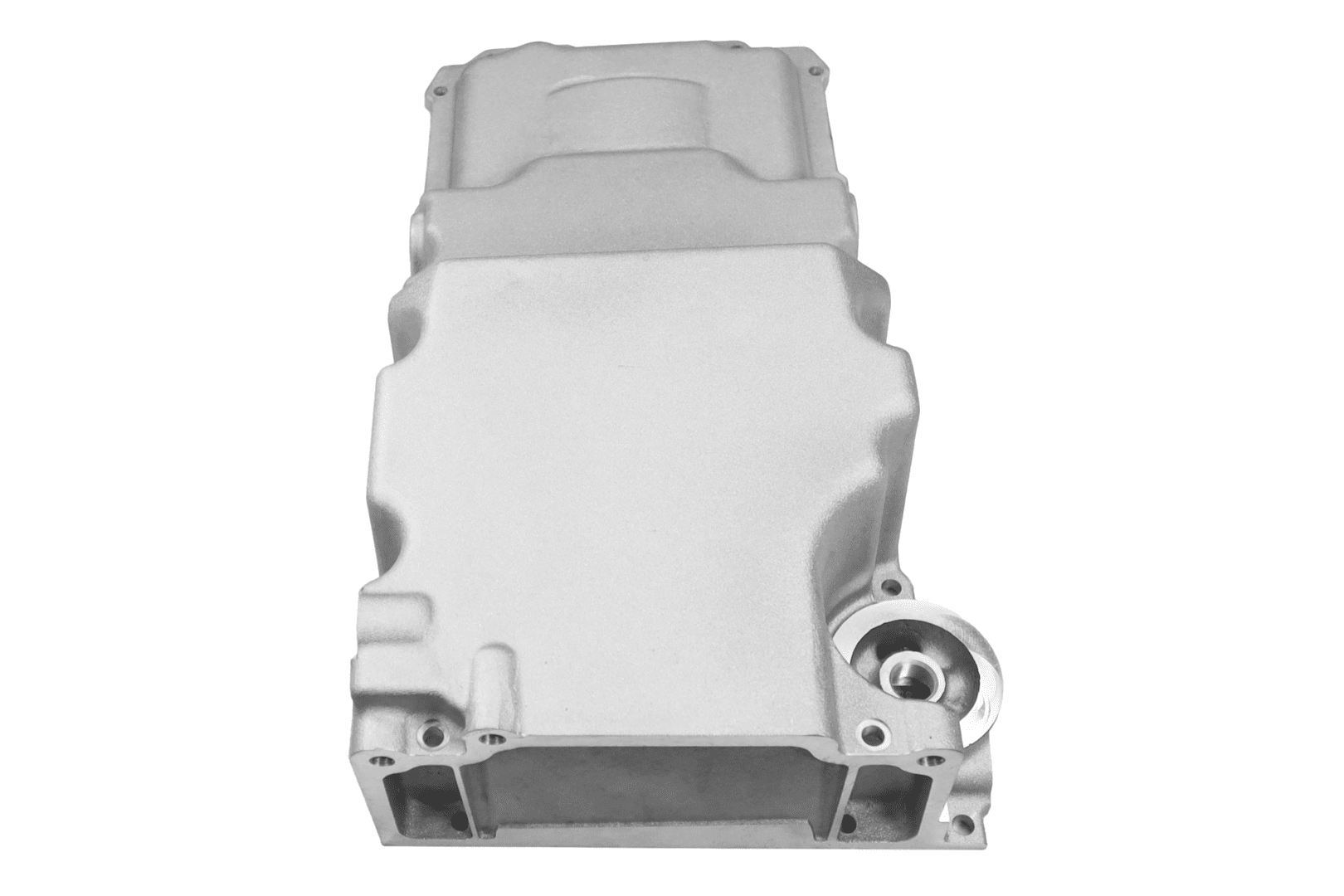 Silver automotive engine oil pan, isolated view.