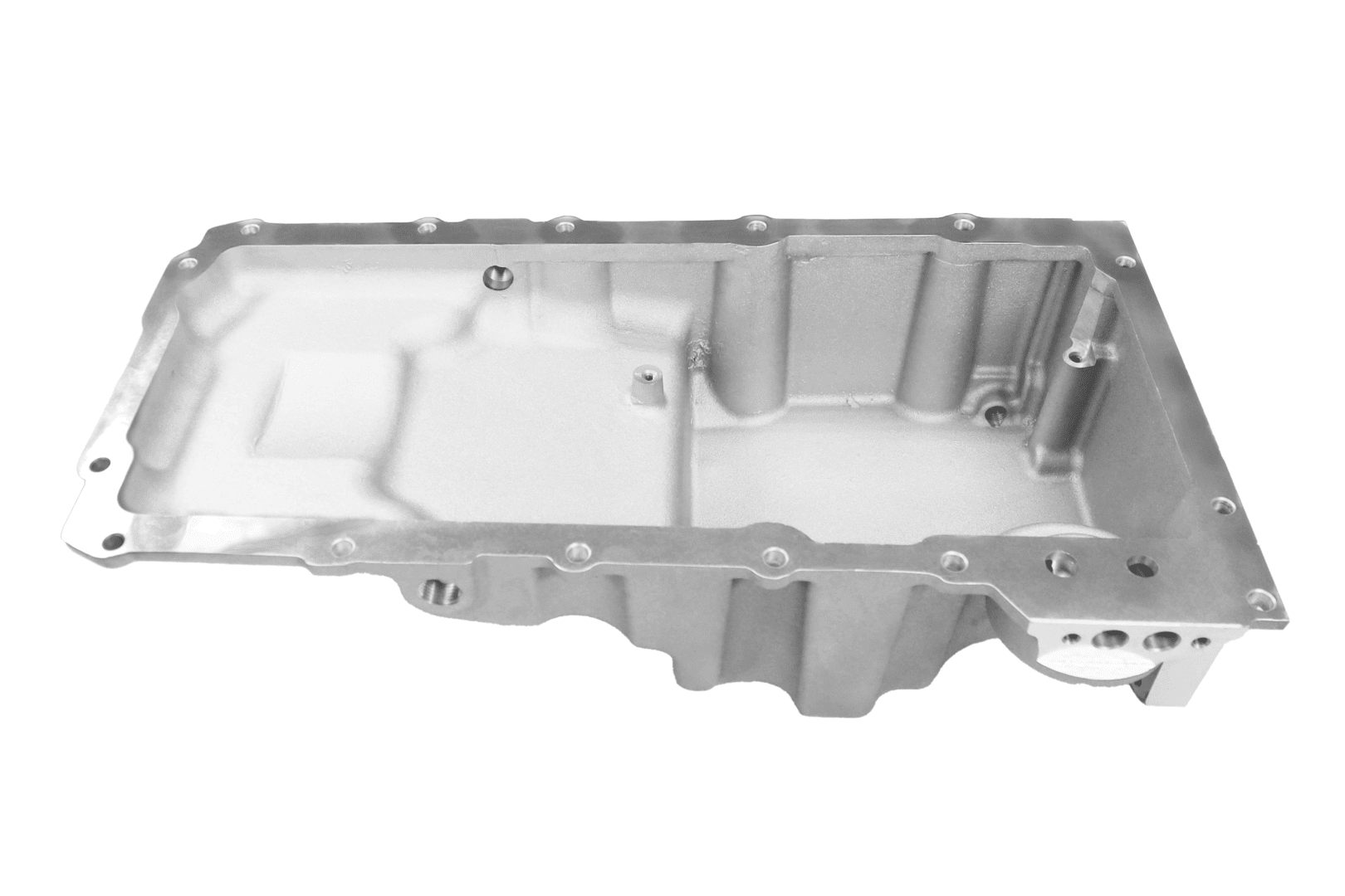 Metal automotive engine oil pan, isolated view.