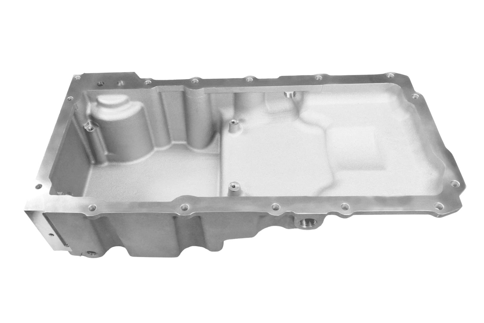 Metal engine oil pan, rectangular shape.