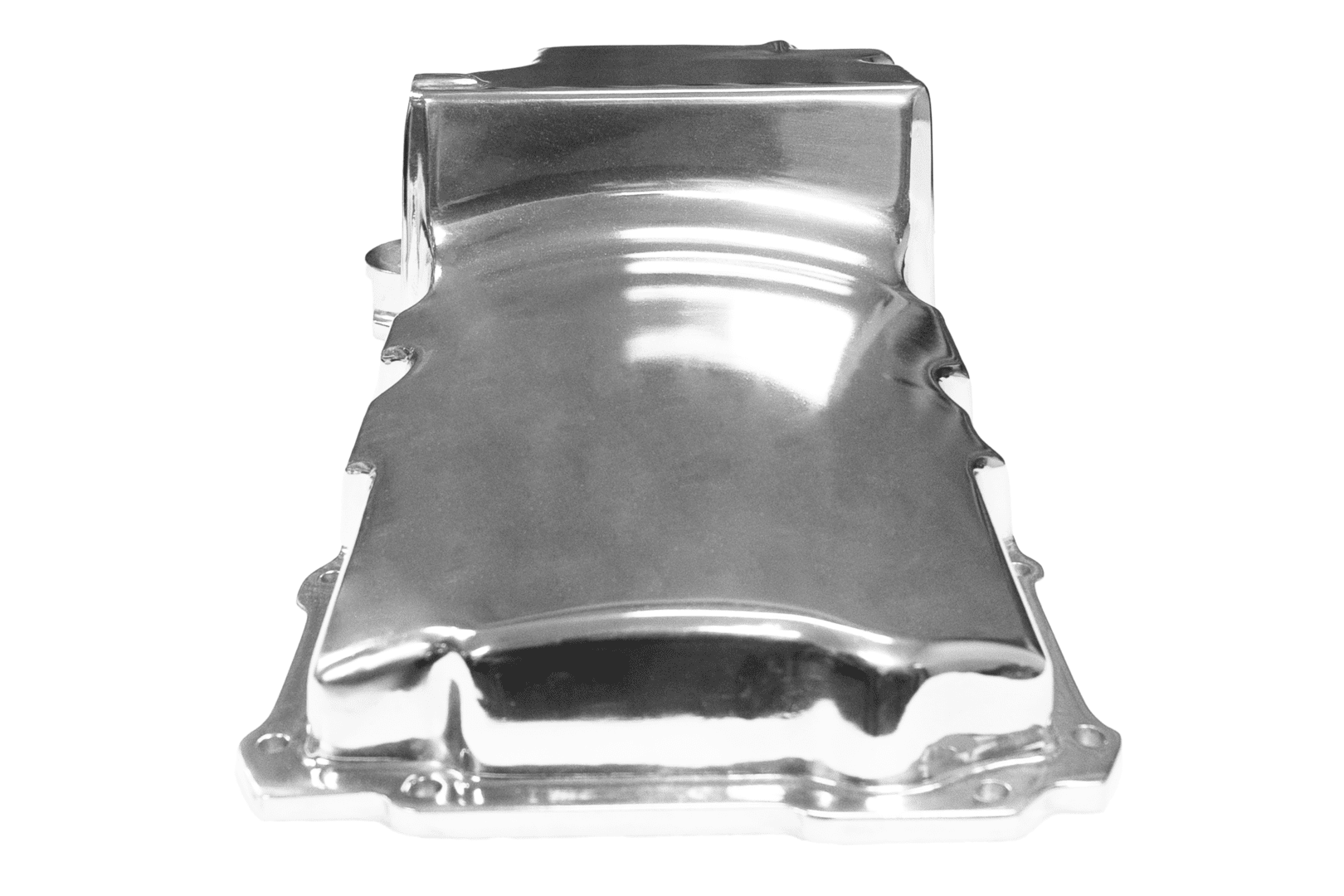 Chrome engine oil pan on white background.