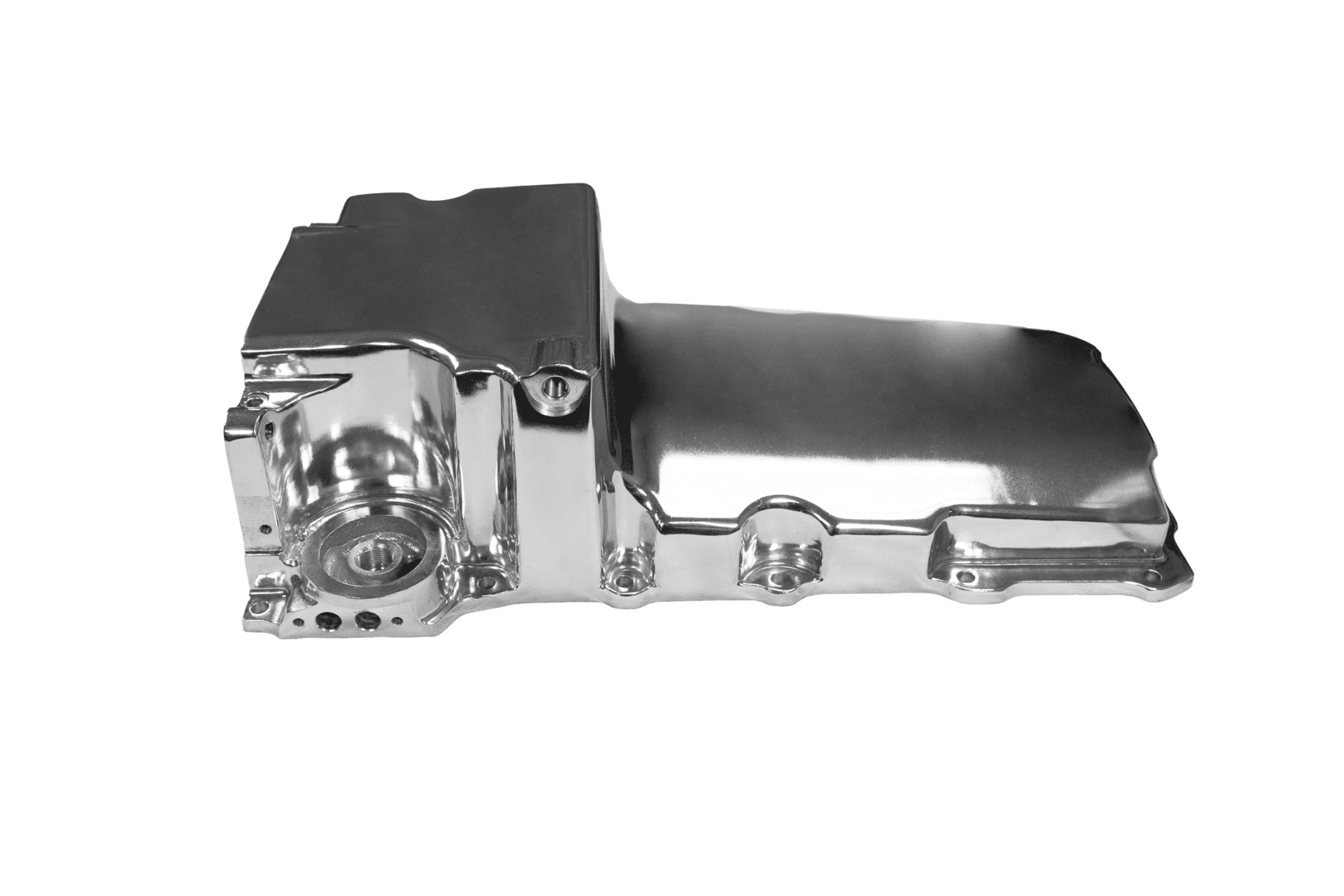Chrome engine oil pan on white background.