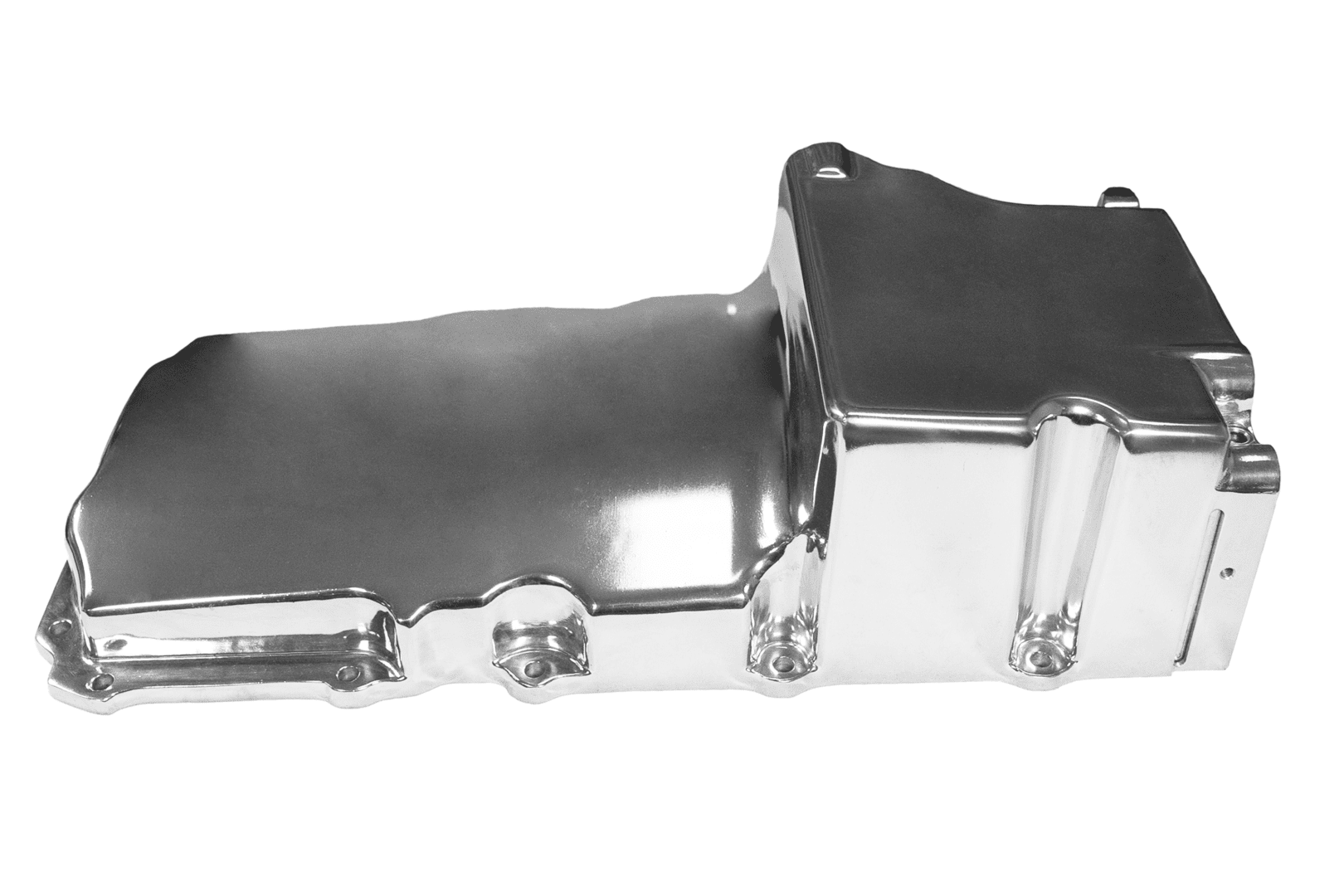 Chrome engine oil pan on white background.