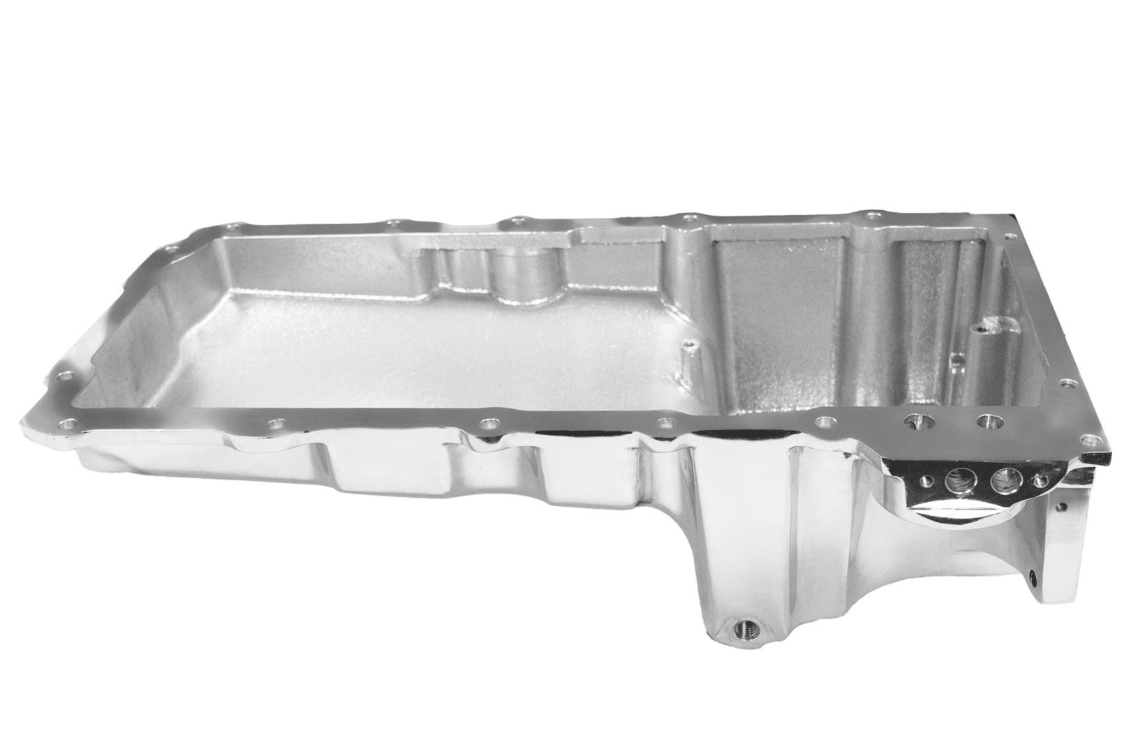 Silver metal automotive oil pan, isolated view.