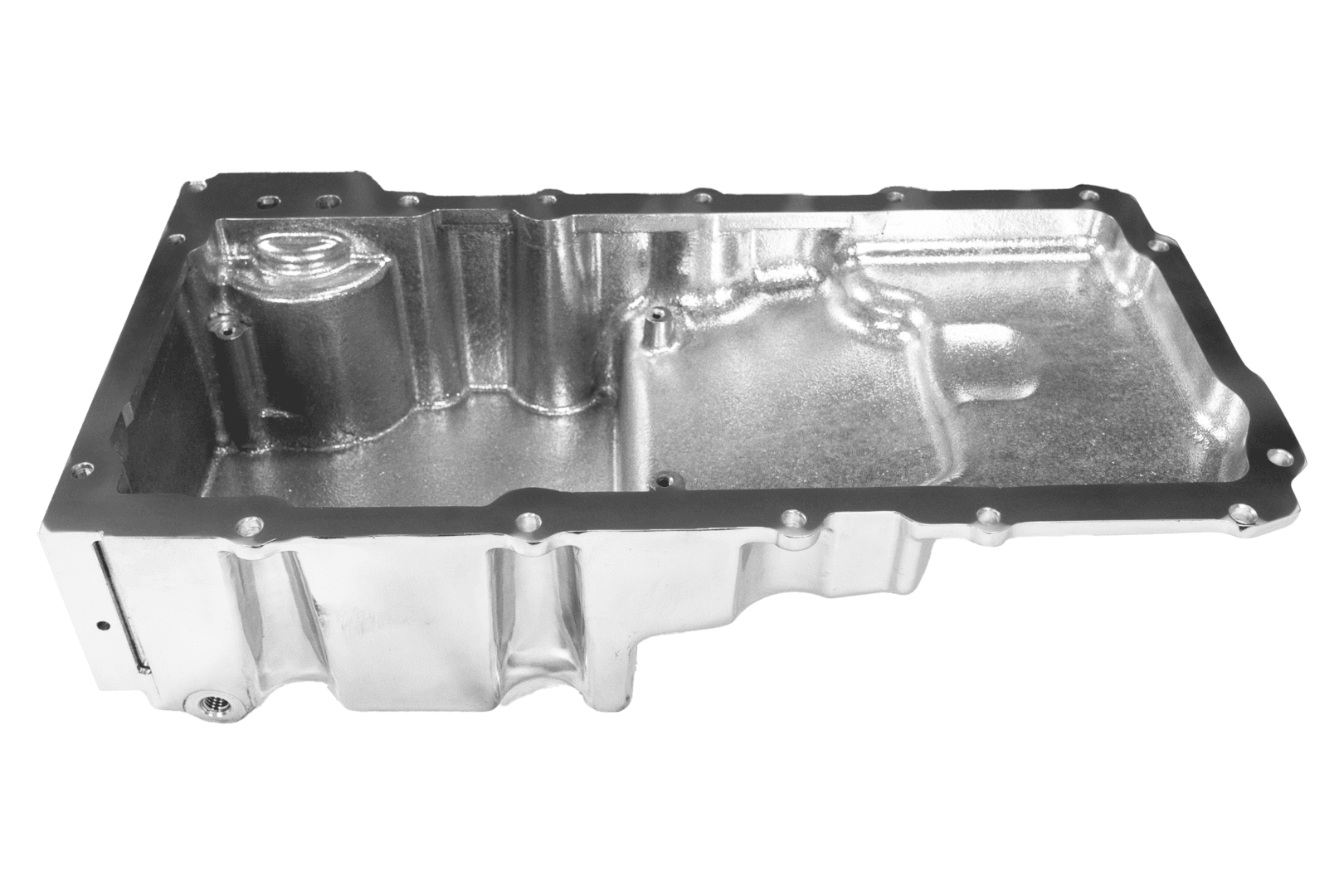 Silver metal engine oil pan on white.