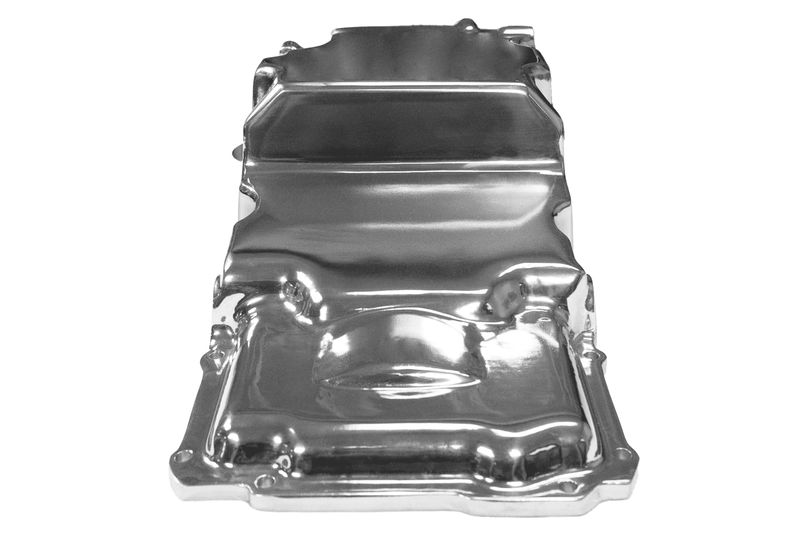 Silver automotive oil pan on white background.