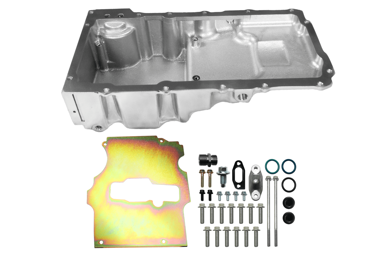 Oil pan with installation hardware and gasket.