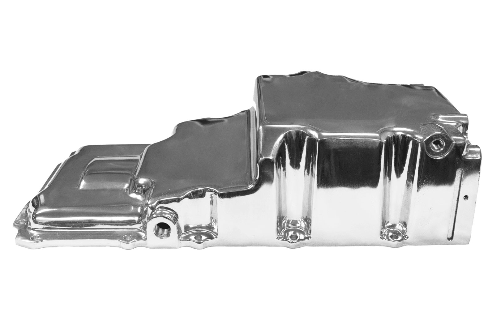Chrome engine oil pan on white background.