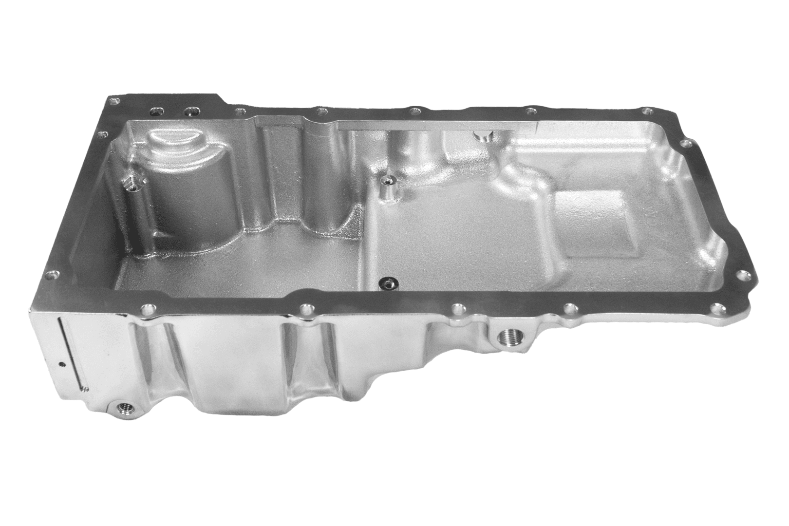 Silver engine oil pan on white background.