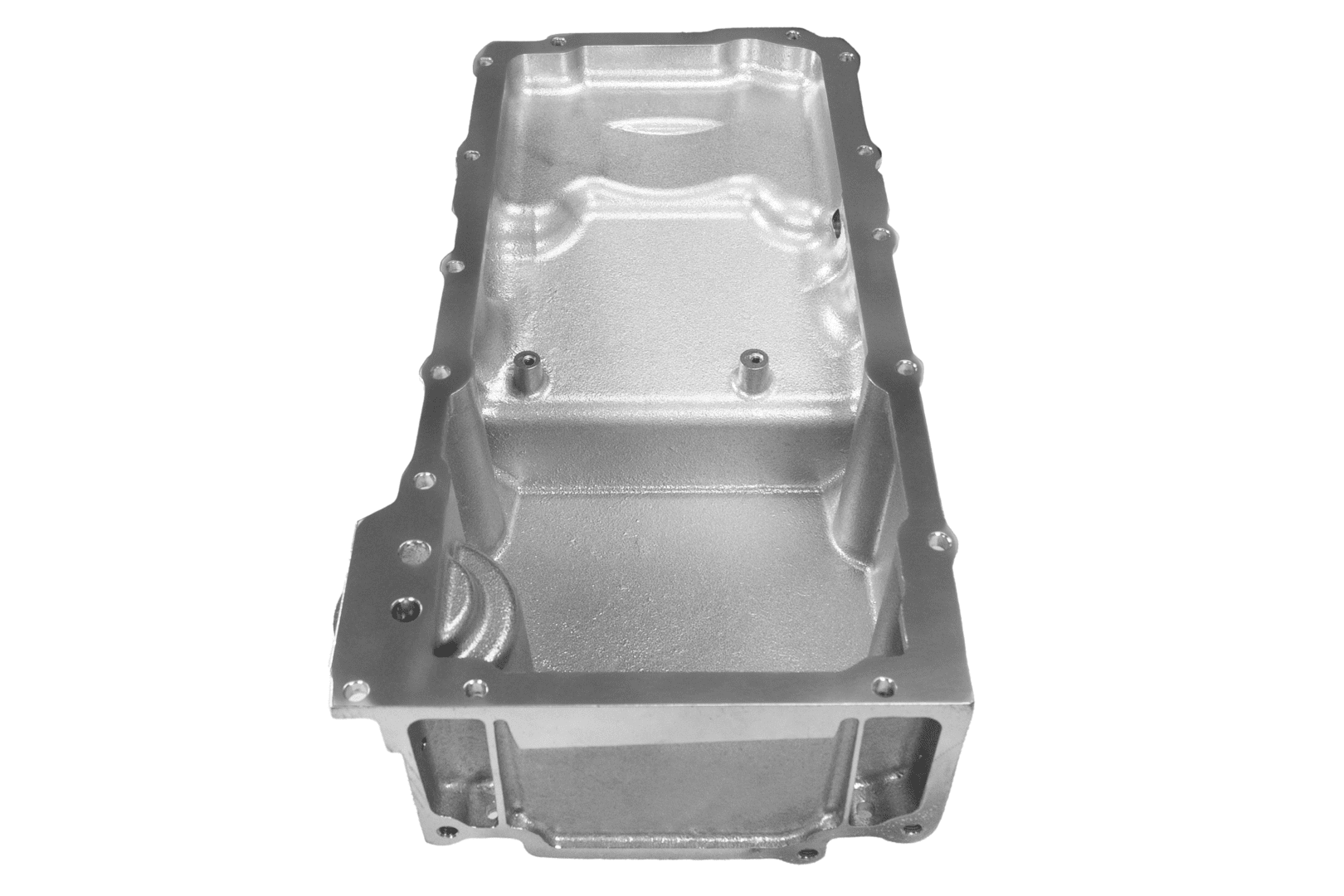 Silver engine oil sump pan, isolated view.