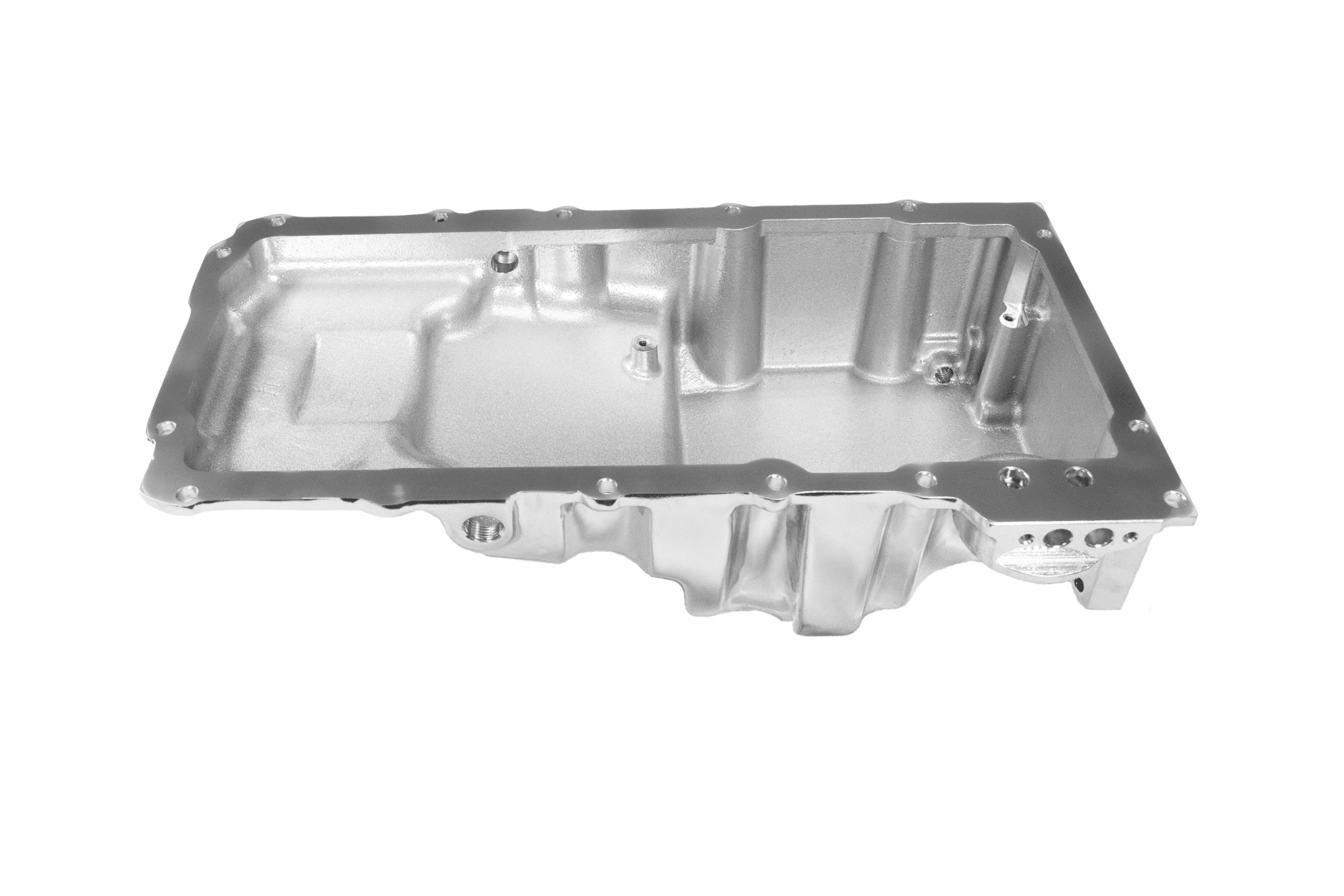 Silver metal automotive engine oil pan.