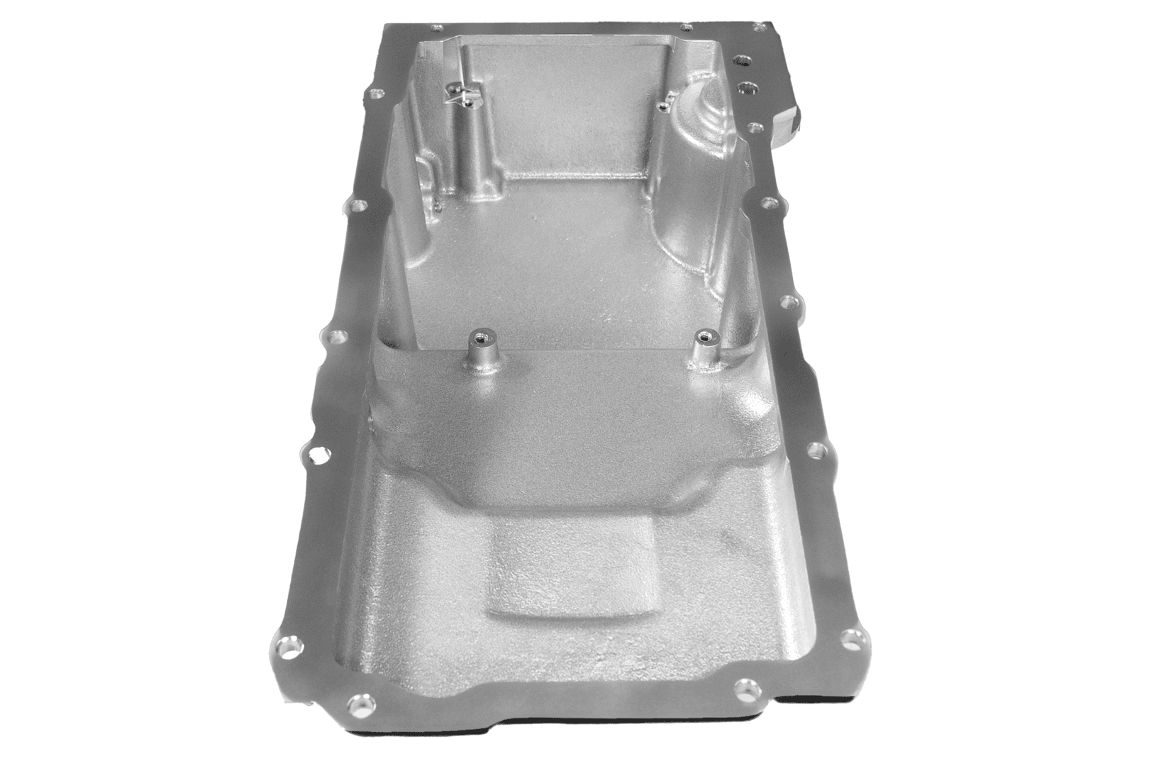 Silver automotive engine oil pan on display.