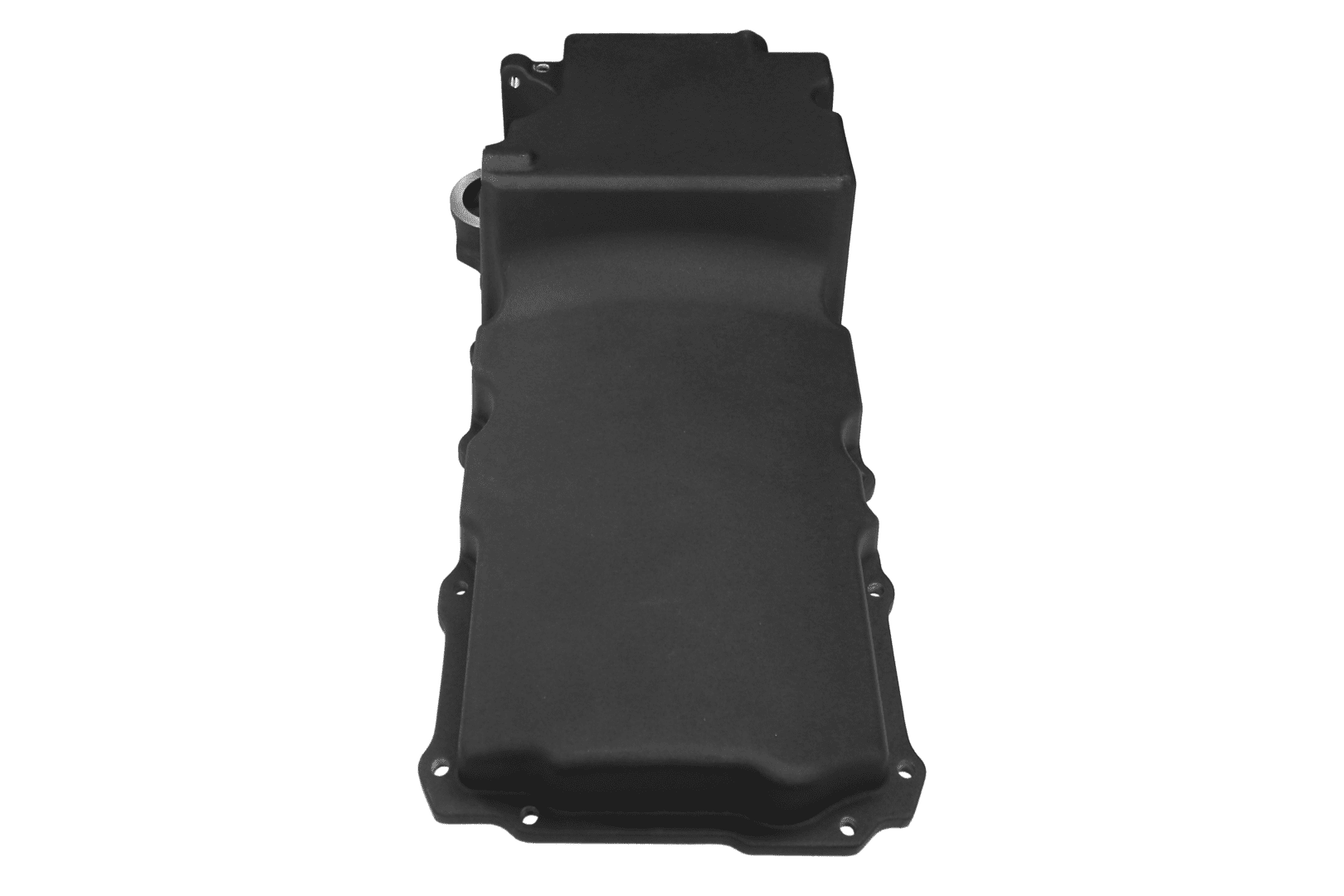 Black engine oil pan on white background.