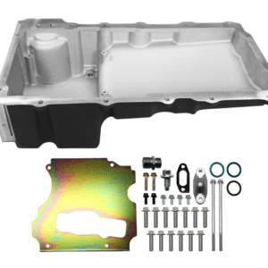 Oil pan with installation hardware and components.