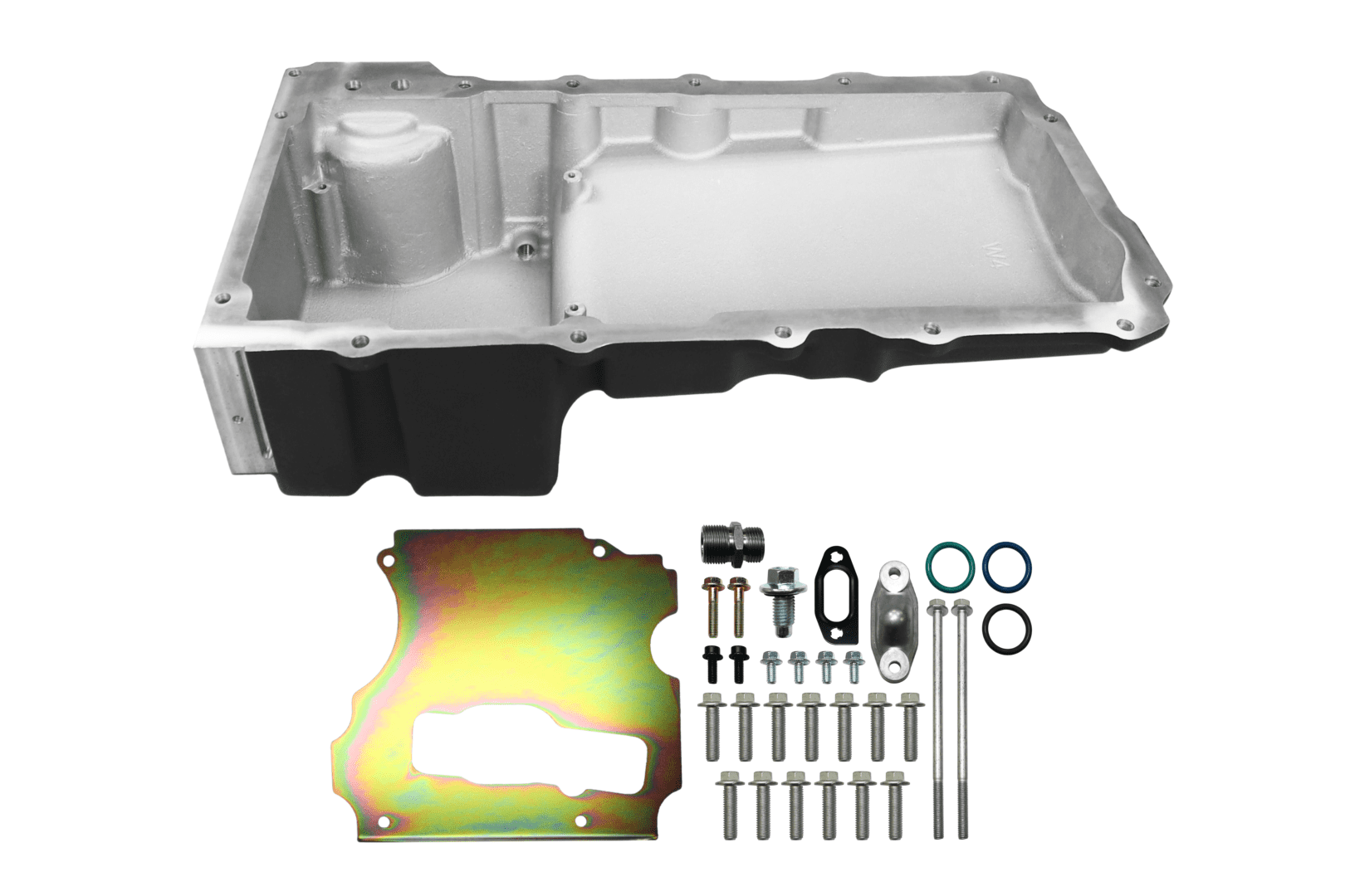 Oil pan with installation hardware and components.