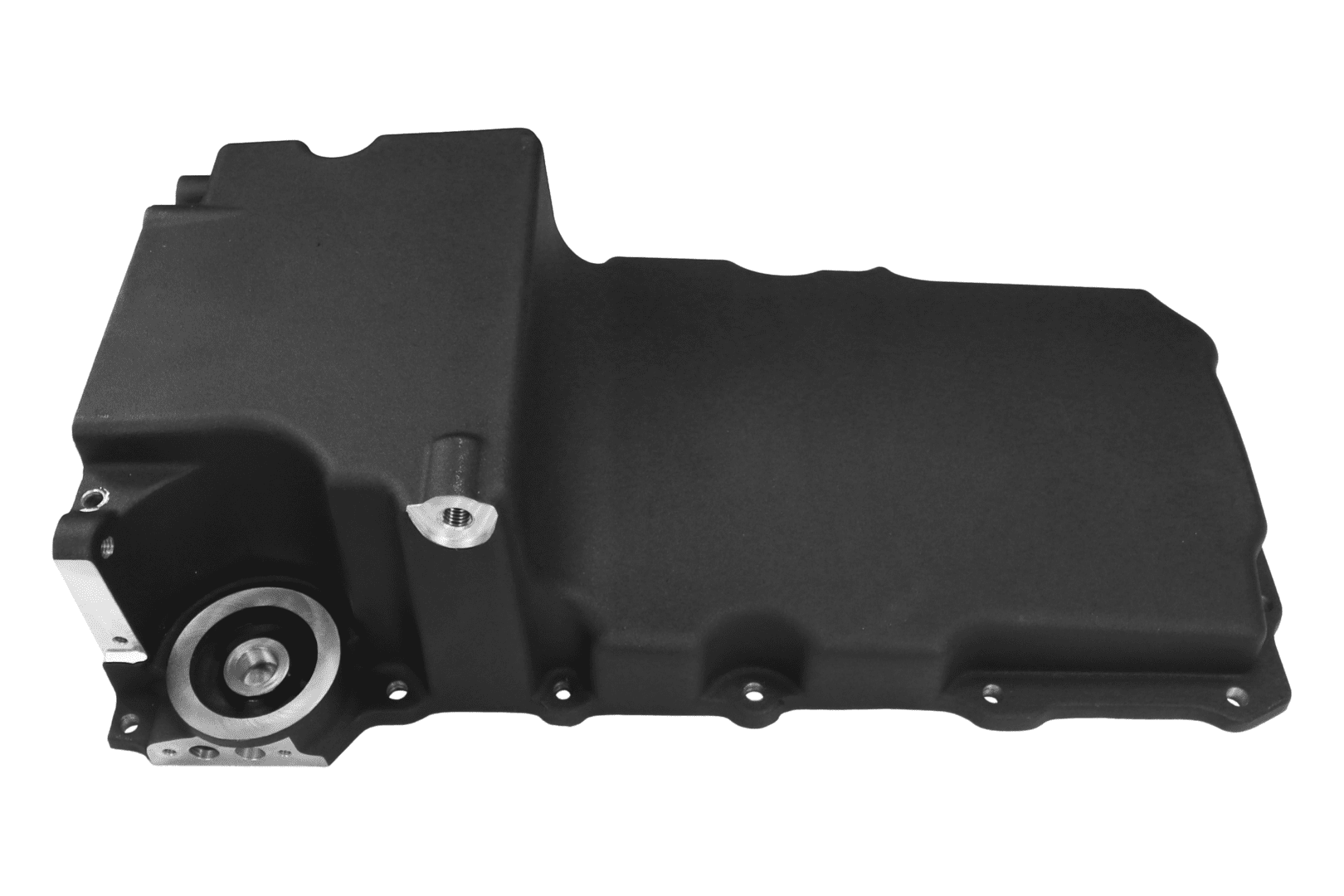Engine oil pan in black, side view.